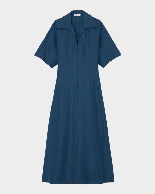 Collared Silk-Linen Midi Dress